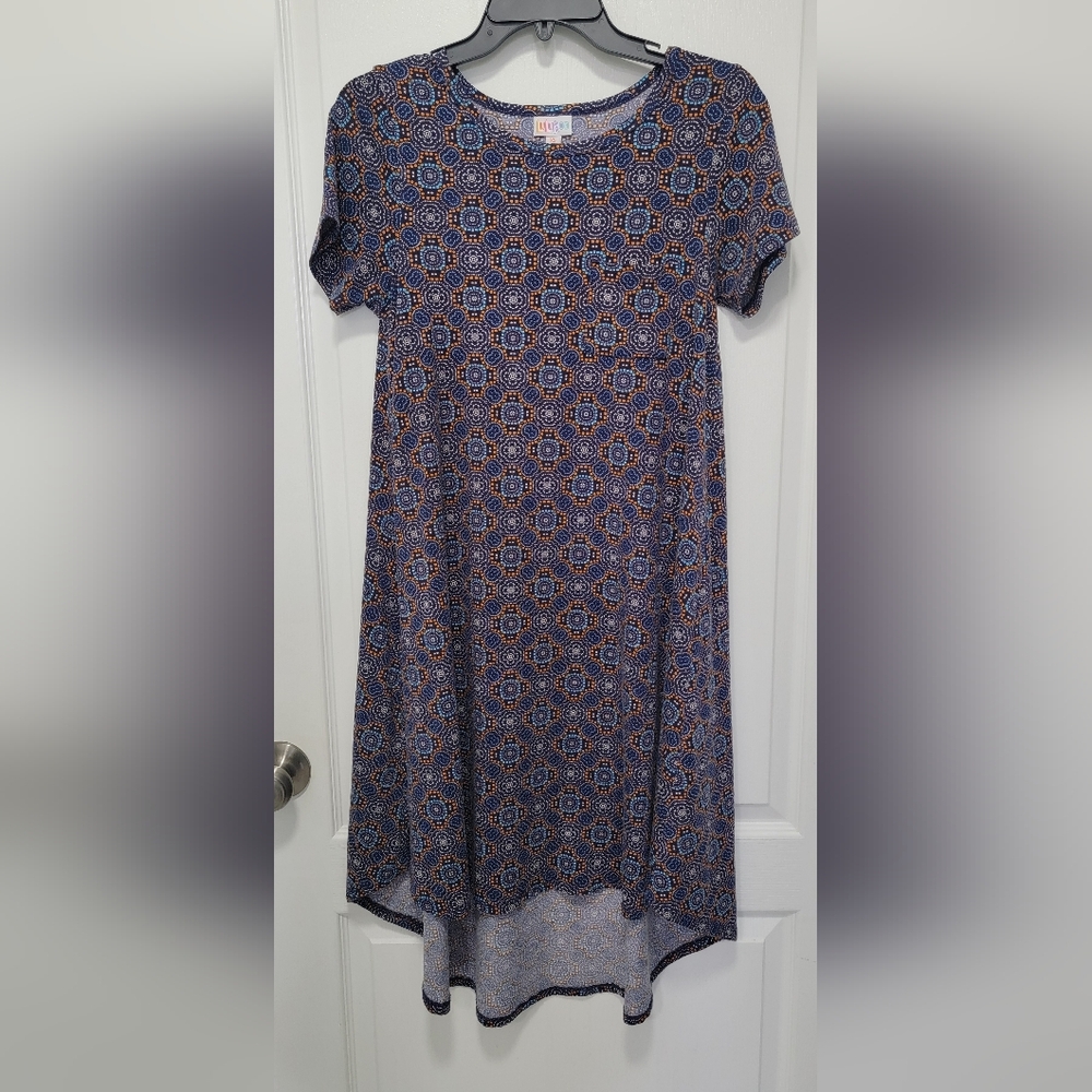 LuLaRoe Carly Dress with Blue and Orange Geometric Pattern